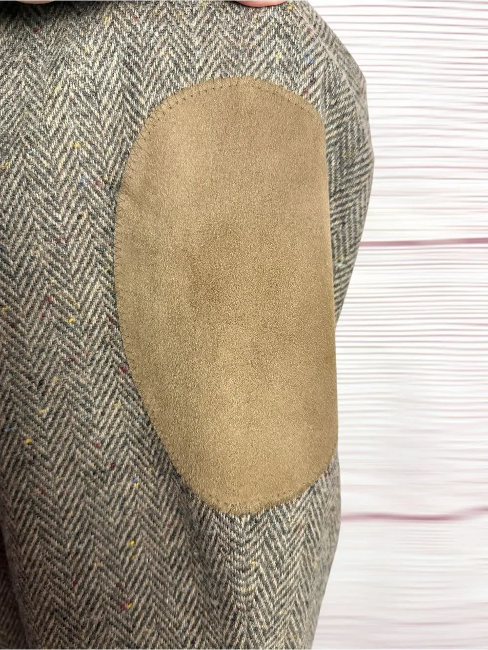 Stafford 44L Herringbone Tweed Sport Coat Wool Lambswool Suede Elbow Patches USA